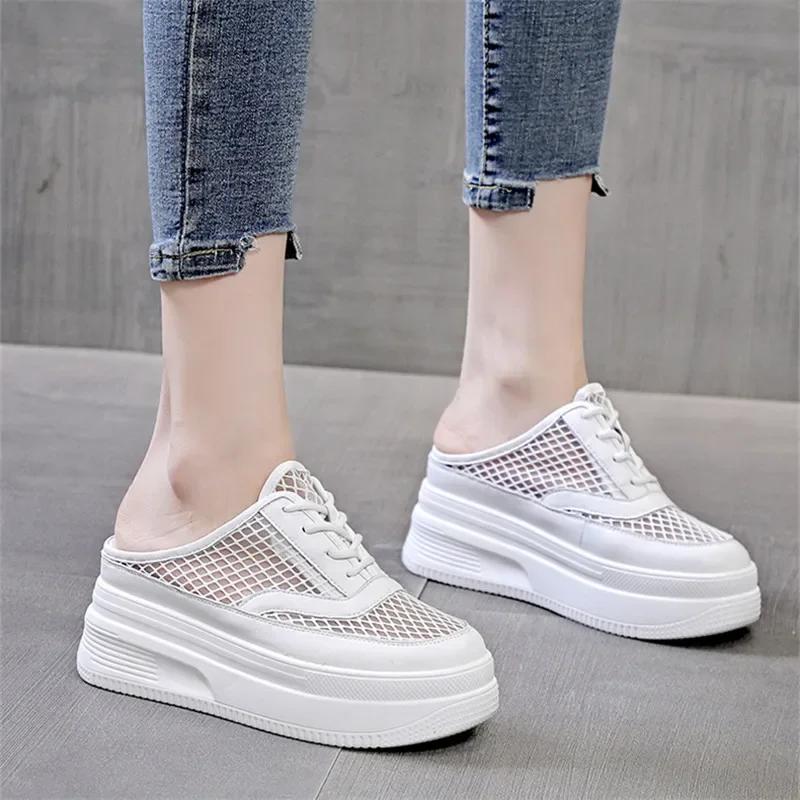 Summer New Style Baotou Half Slipper for Women Wear Outside Without Heel Thick Sole Sneakers Slip On Mesh Sandals Platform Shoes
