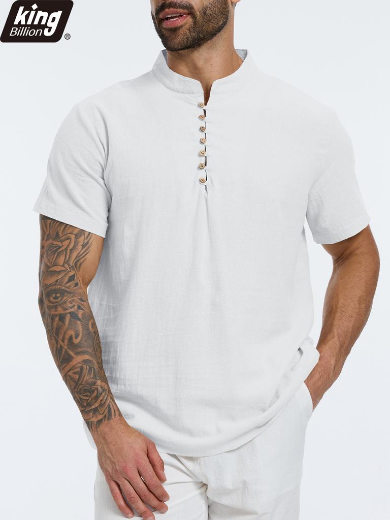 Летняя Новая Мужская Хлопково-Льняная Футболка с Коротким Рукавом Дышащая Легкая Однотонная Мужская Модная Футболка Хенли с Пуговицами