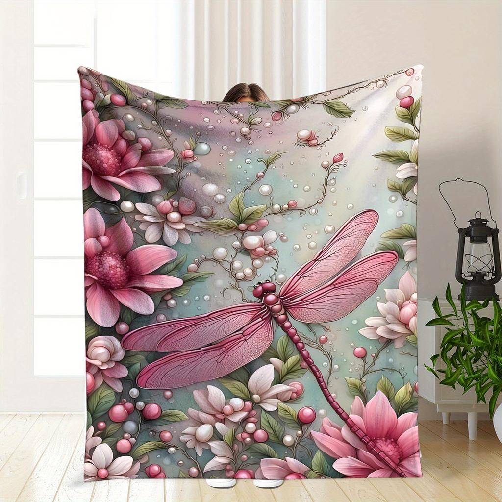 A Comfortable Flannel Blanket with Colorful Dragonfly Design, Soft and Cozy for Sofa, Bed, Office, or Travel - All-Season Multifunctional Gi