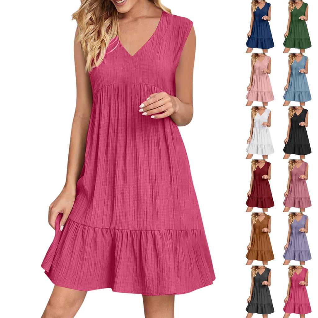 Ladies' Casual And Fashionable Solid Color Dress, Loose Sleeveless Waist Cinched Dress