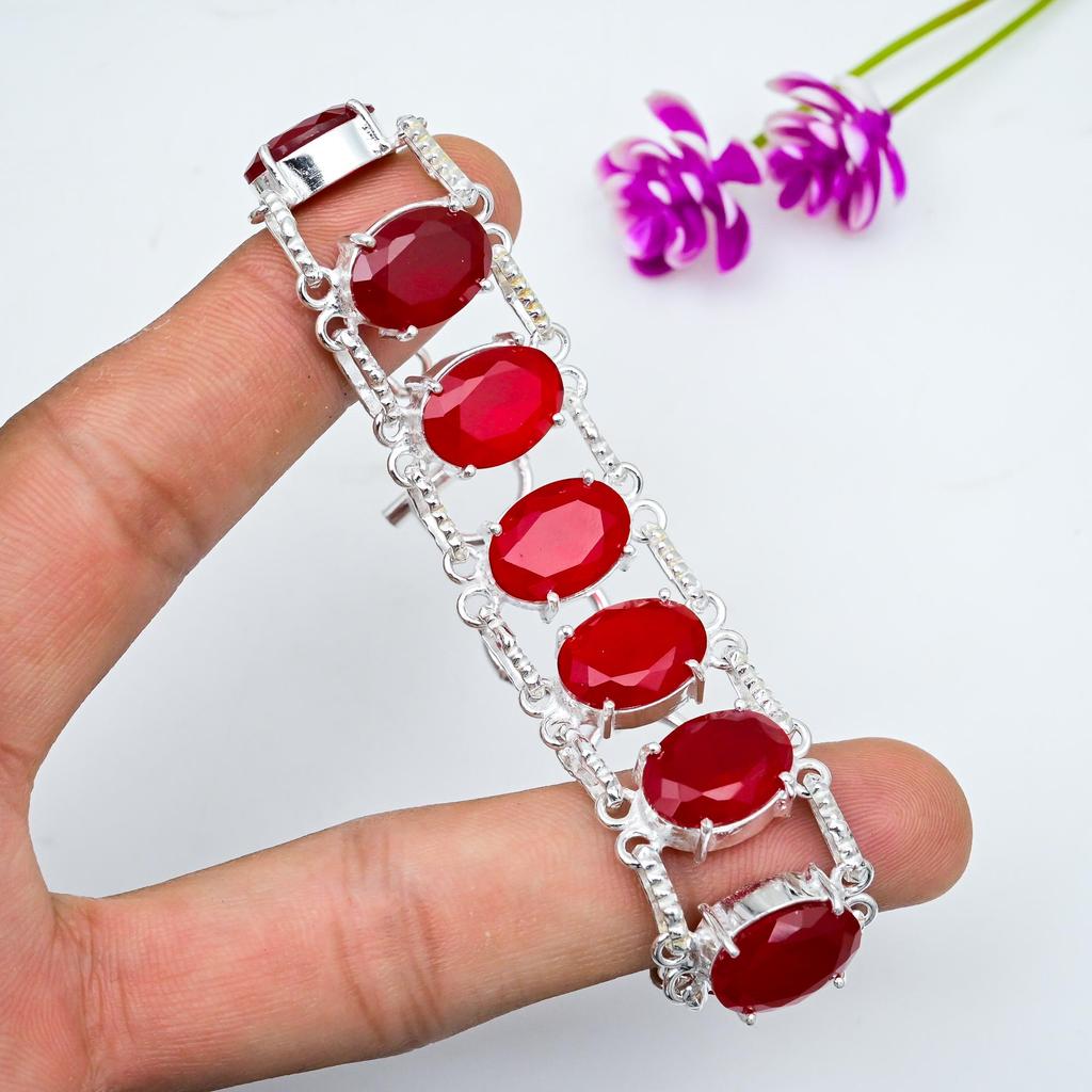 Ruby Jewelry, 925 Solid Sterling Silver Bracelet, Handmade Gemstone Jewelry Bracelet For Memorial Day