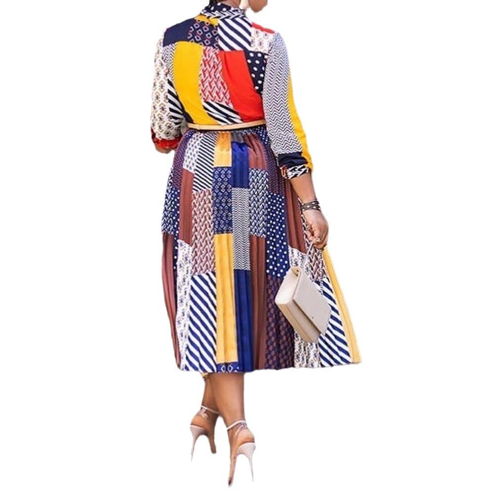 2026 New Dress African Printed Bow Collar Seven-Sleeve Medium Dress Women's SC8165