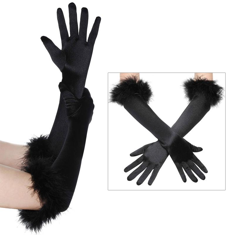 Fluffy Cuff Long Sleeve Gloves Banquet Dress Gloves Solid Color Warm Polyester Elastic Autumn Winter Driving Glove