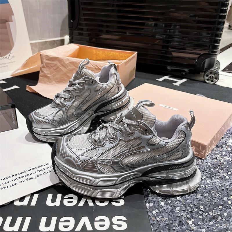 Paris High-end Thin Mesh Dad Shoes Women's Spring and Summer Thick-soled Lightweight Sports Shoes Versatile Silver Casual Shoes