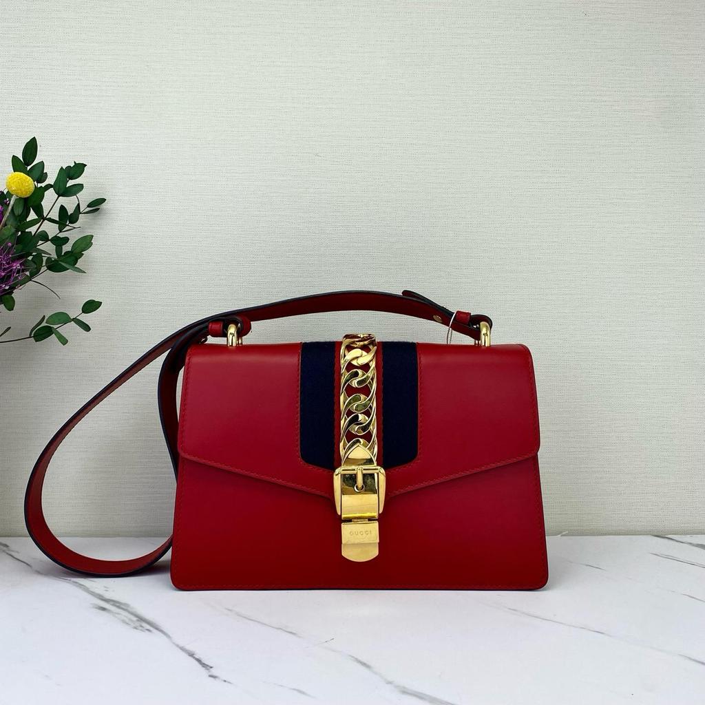 [Pre-Owned] Sylvie Gold Buckle Striped Web Ribbon Bow Wide Shoulder Strap Leather Shoulder Crossbody Handbag Small - Excellent #QNHZ01