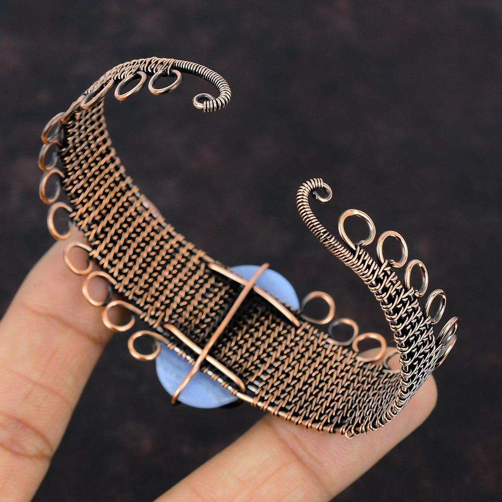 Синий кружевной агатовый браслет-манжета, браслет из медной проволоки, браслет из проволоки ручной работы, регулируемый браслет-манжета, подарок для него, драгоценный камень, медные украшения