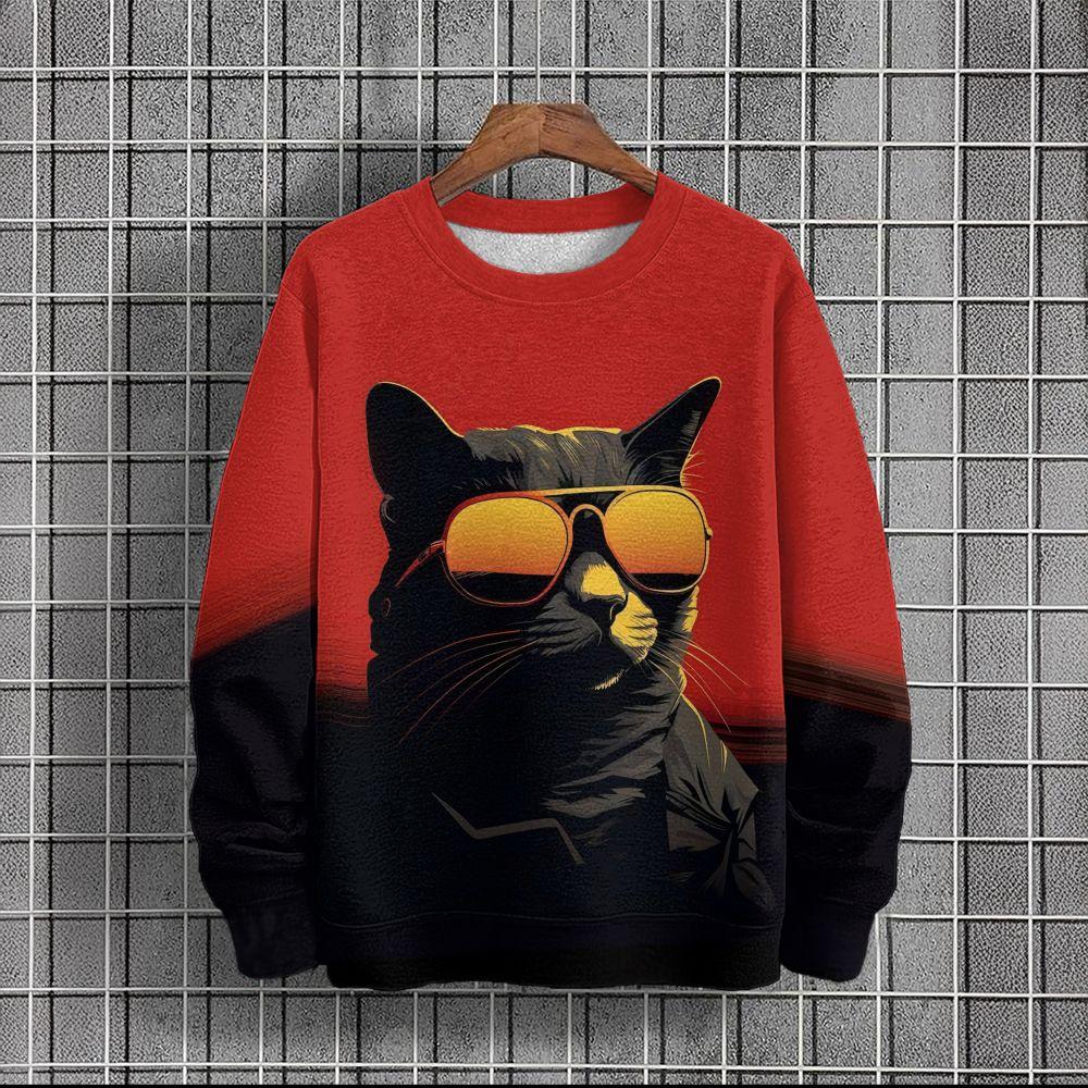 Animal Sweatshirt For Men Sunglasses Cat Graphic Long Sleeve Printed T-Shirts Casual Outdoor Streetwear Oversized Men's Clothing