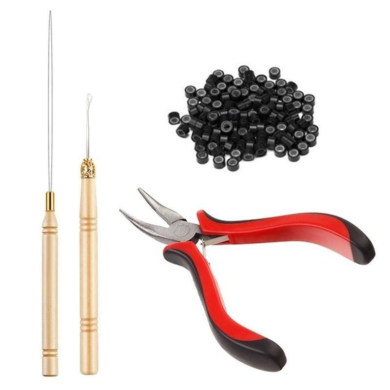 Hair Extension Kit Pliers Pulling Hook Bead Device Tool Kits with 500pcs Silicone Rings LS