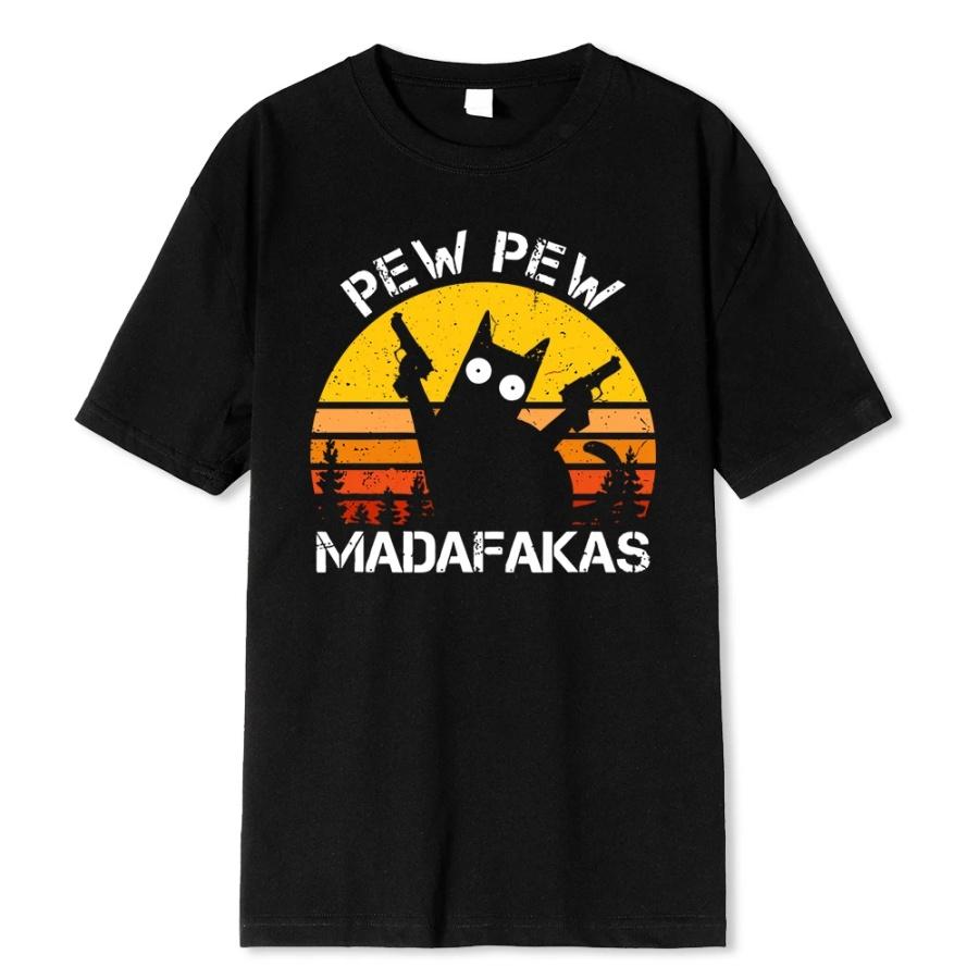 Мужские футболки с принтом Pew Pew Madafakas Cat With Two Guns, летние хлопковые футболки, дышащая свободная одежда, уличные футболки в стиле хип-хоп