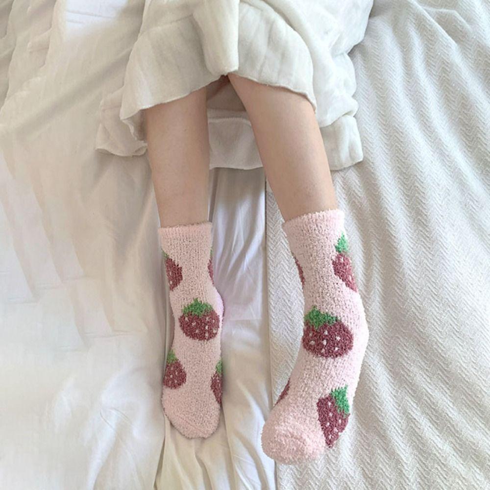 Flower Strawberry Coral Fleece Socks Winter Warm Socks Women Soft Floor Plush Socks Autumn