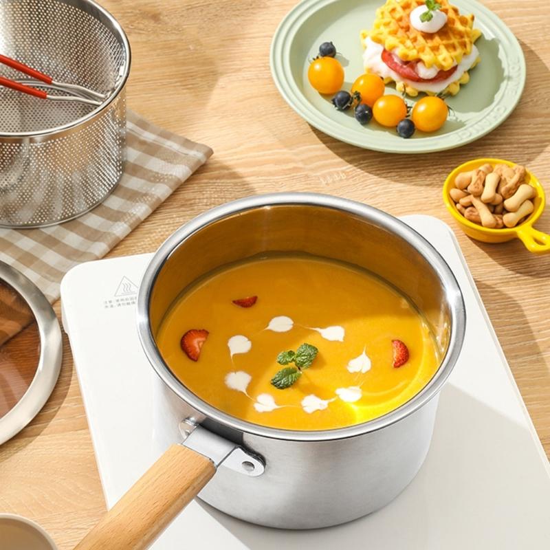 Профессиональный набор фритюрниц для кухни с крышкой, корзиной-дуршлагом и щипцами для приготовления пищи, деревянная ручка для защиты от нагрева, для домашнего использования