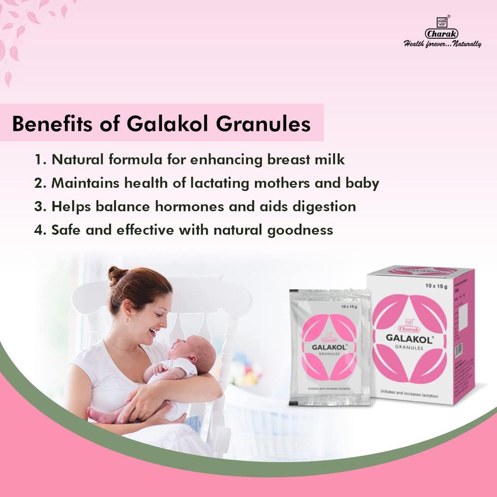 Charak Pharma Galakol Granules For Lactation Support Breast Milk Nutrition Supplement 10 Sachets x 15 g Nursing Mothers