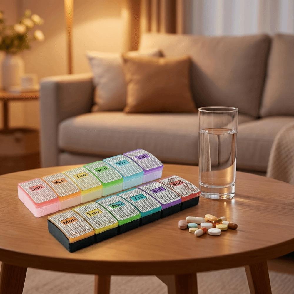 7 Grids Colorful Rhinestone Pill Box Plastic Weekly Pill Box Vitamin Storage Container Fish Oil