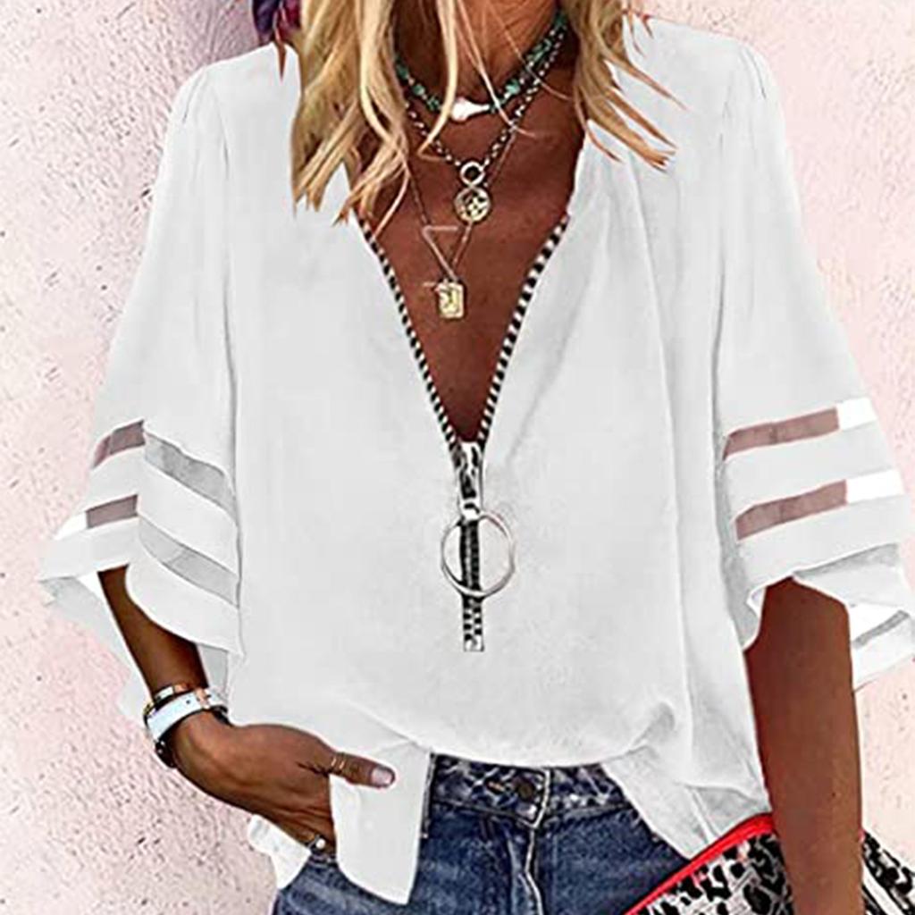 Women's Fashion Solid Colour Casual Loose Mid Sleeve Patchwork T-Shirt Top
