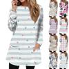 Women's Fashion Casual Pullover T-Shirt Round Neck Pocket Stripe Patchwork Printed Long Sleeve Top