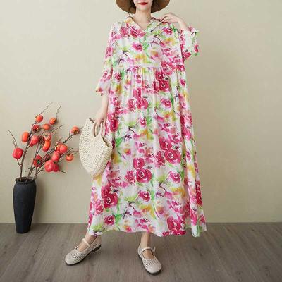 Женское ретро платье с капюшоном из хлопково-конопляной ткани с парчой «Нежный ветер и облака»