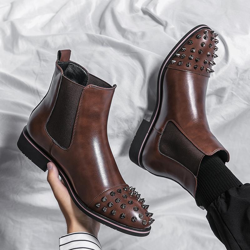 Мужские мотоциклетные ботинки Wingtip Dress Punk Leather Chelsea Boots Rivet Tuxedo Street Style Shoes Plus Size