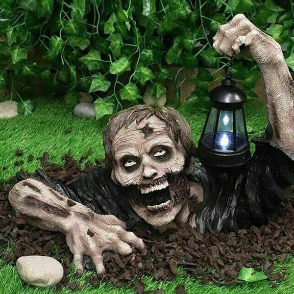 Halloween Decoration Lantern Zombie Garden Statue, Frightening Nightmare Horror Personality Waterproof Handmade Resin Made