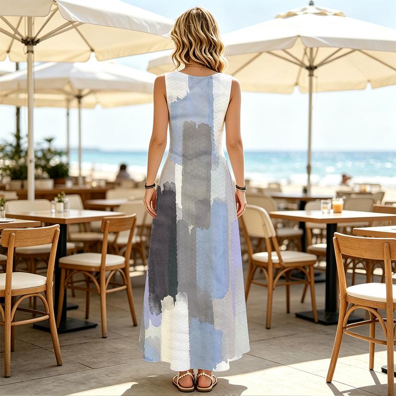 Sleeveless Watercolor Flowy Maxi Dress,Lightweight Swing Design,Versatile for Beach Vacations & Daily Casual