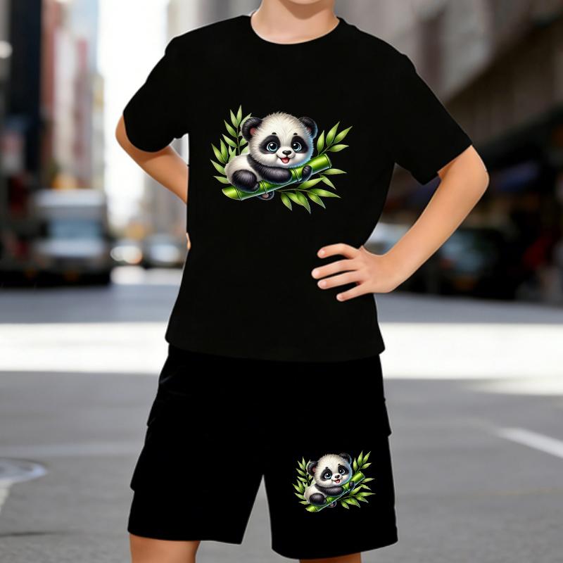 Boys 2 Piece Cute cartoon panda printed Outfit, Short Sleeve T-Shirt and Shorts Set for Kids Age 5-14,Black Sporty Casual Summer Clothes