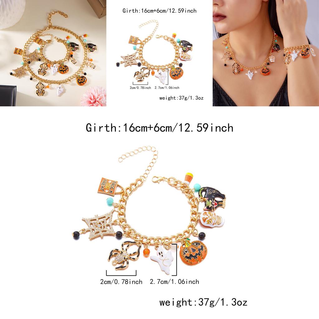 Pumpkin Skeleton Spider Charm Necklace And Bracelet In Alloy For Holiday Wear
