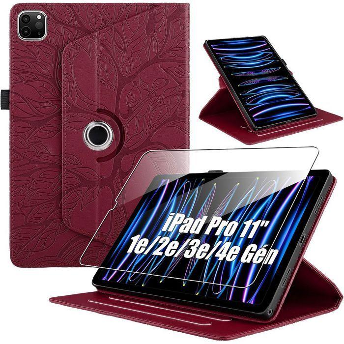 Coque + Verre Trempé pour iPad Pro 11 Pouces 2022/2021/2020/2018, Rotatif Motif Arbre Cuir PU Rouge