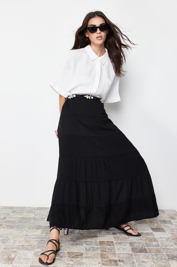 Women's Fashion Ecru Lined Polka Dot Pleated Woven Skirt