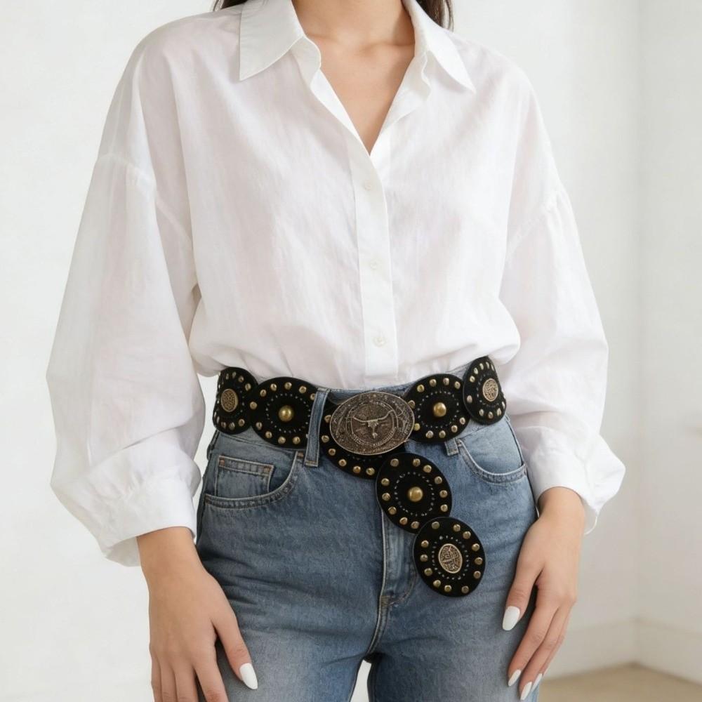 Wide Western Waist Belt Cow Head Buckle PU Leather Belt Ethnic Style Cowboy Belt Casual Wear