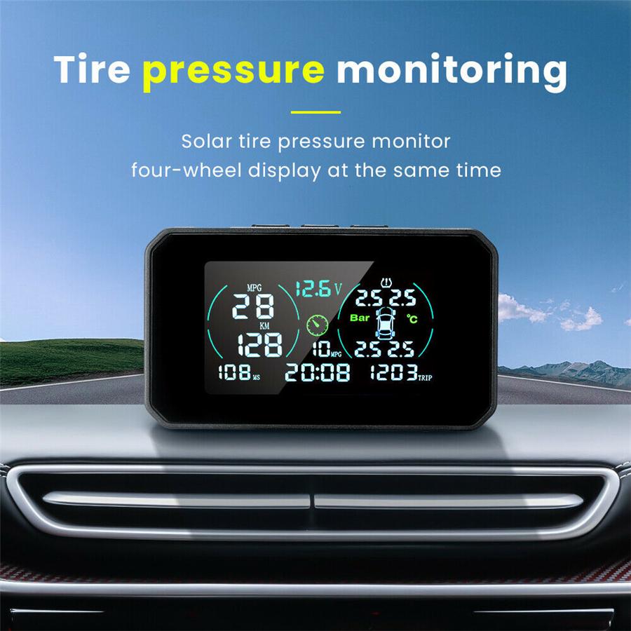 Wireless Car TPMS Tire Pressure Monitoring System Solar + USB Charging OBD2 Plug