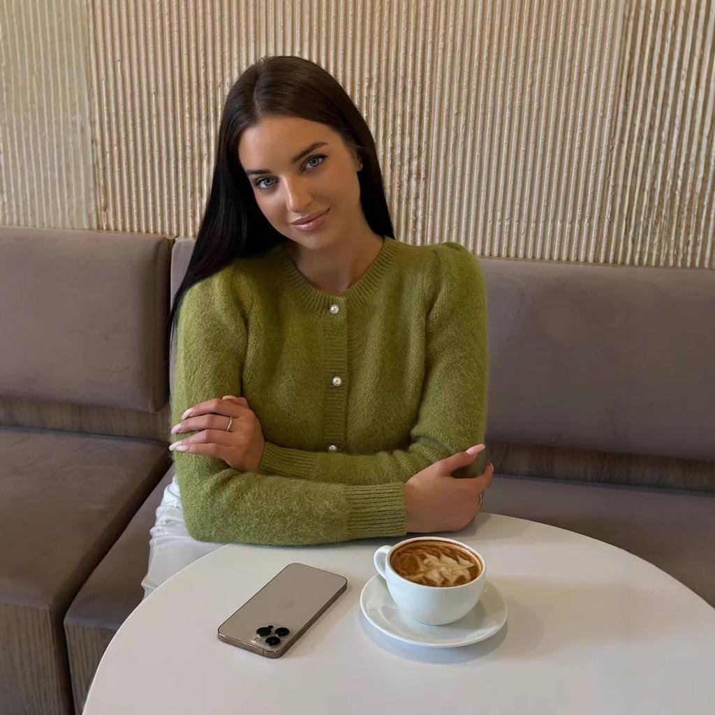 Кардиганы для женщин осенние с длинным рукавом вязаные на пуговицах с открытой передней частью повседневная верхняя одежда пальто женские пушистые с круглым вырезом объемные кардиганы свитера куртки