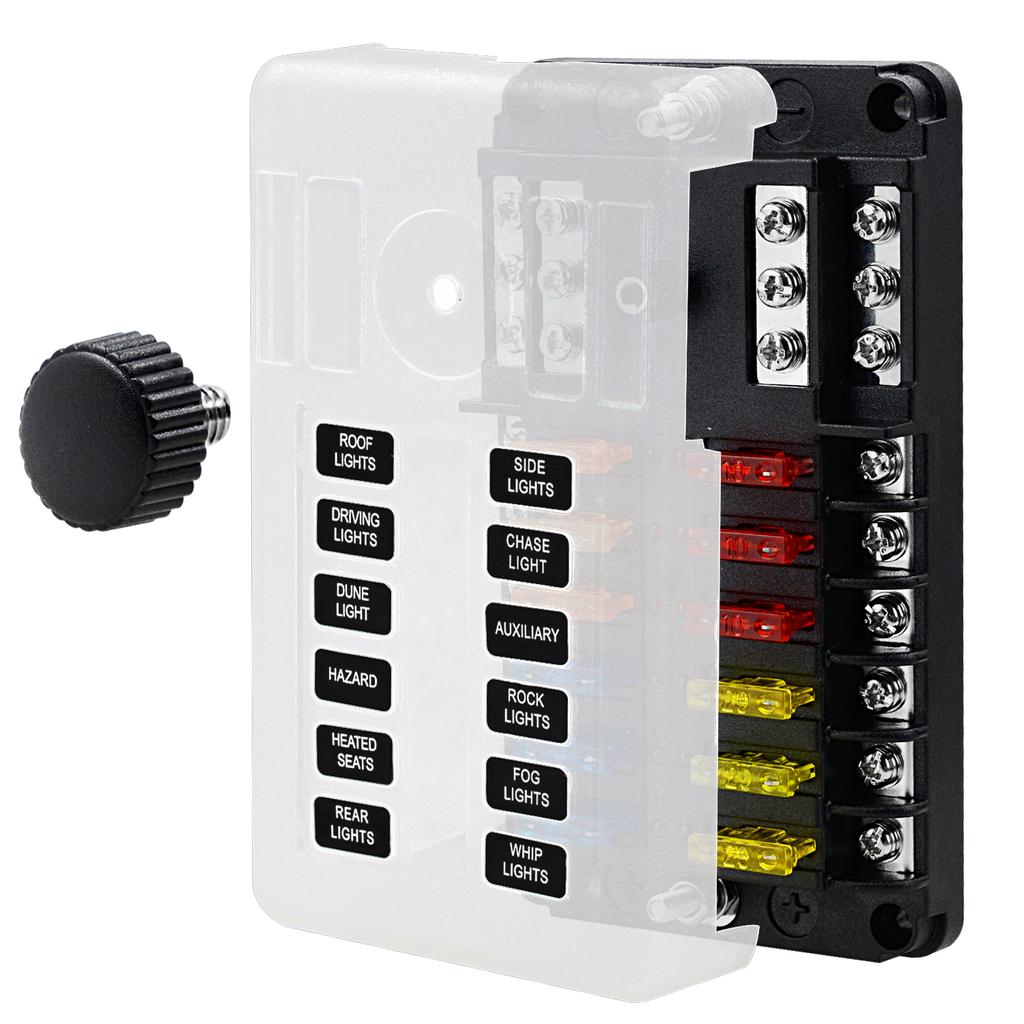 Automotive Marine Boat Fuse Block Waterproof 12 Way with 12 Ground Negative Busbar [100 Amp Max] [ATC/ATO Fuses] [LED Indicator] for Car RV Golf Cart