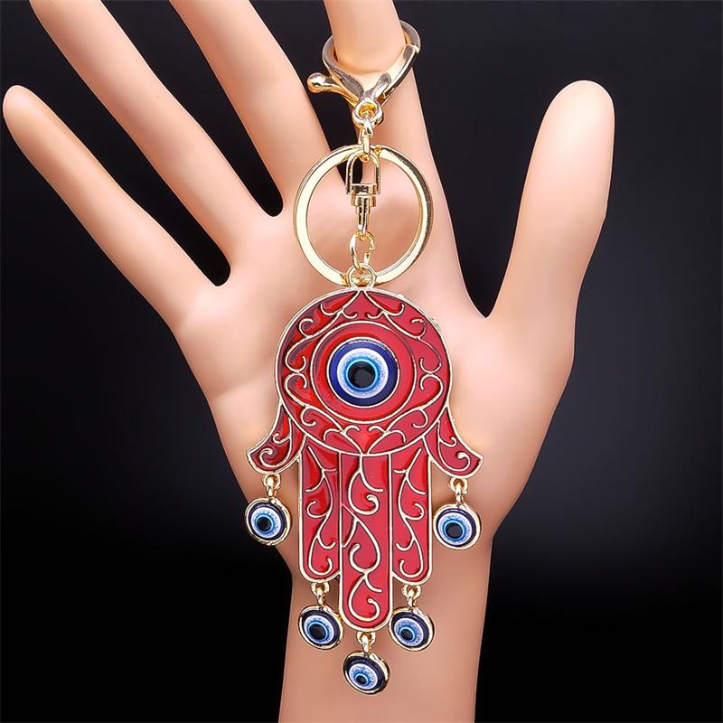 Lucky Blue Eye Hamsa Hand Key Chain Women Alloy Enamel Hand of Fatima Turkish Evil Eyes Tassel Keyring Bag Accessories Jewelry