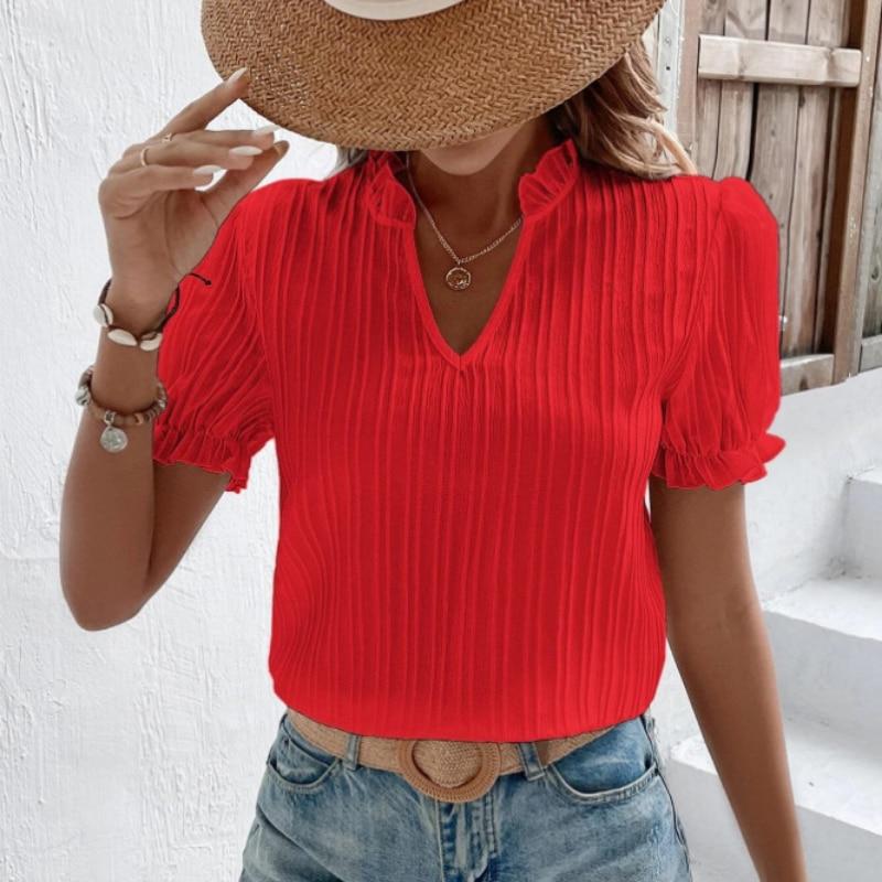 2023 летняя белая рубашка с коротким рукавом, женская винтажная однотонная свободная рубашка с v-образным вырезом, повседневная элегантная кружевная блузка, модная одежда 28006