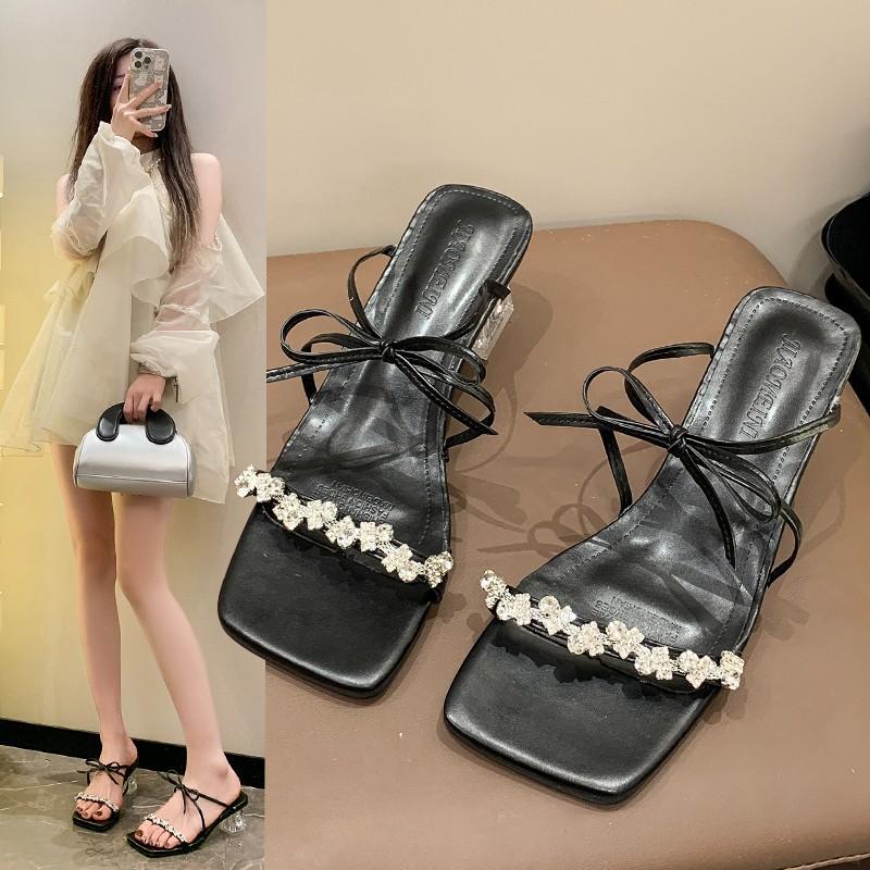 Женские тапочки Роскошные туфли на высоком каблуке со стразами Тапочки с бантом для женщин 2025 Лето Новые туфли на высоком каблуке Sandalias Mujer
