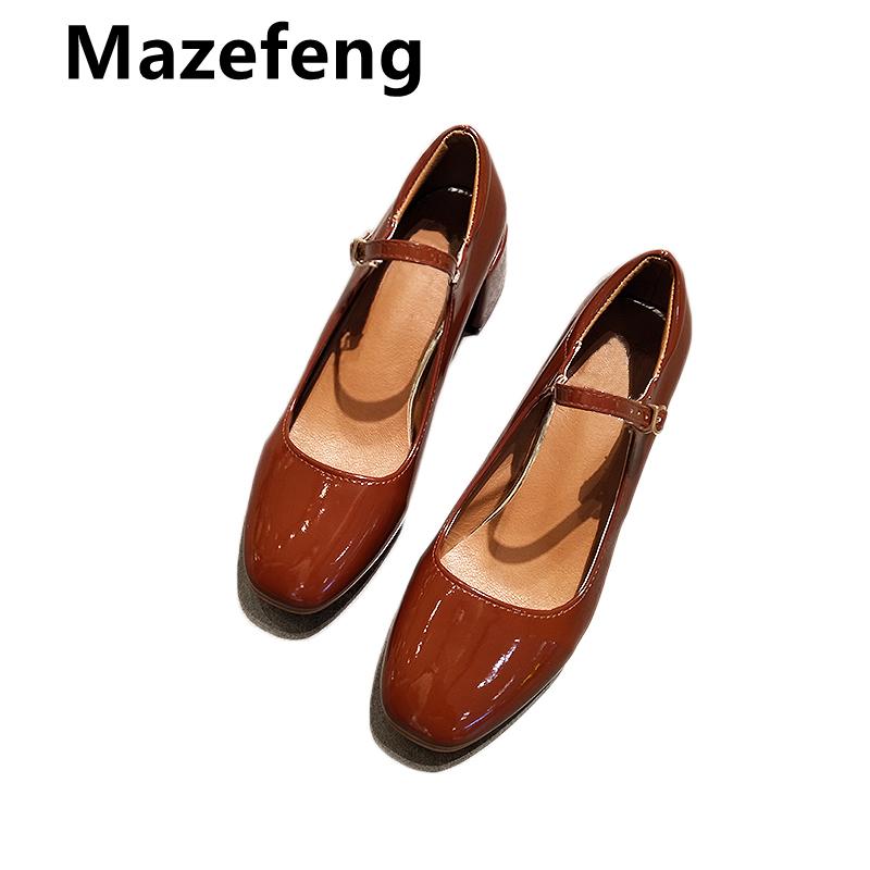 Модные туфли бренда Mazefeng 2024 года, весна-осень, туфли Мэри Джейн, женские, ретро, с квадратным носком, кожаные туфли-лодочки, средний толстый каблук 5 см, пряжка на щиколотке, размеры 35-39
