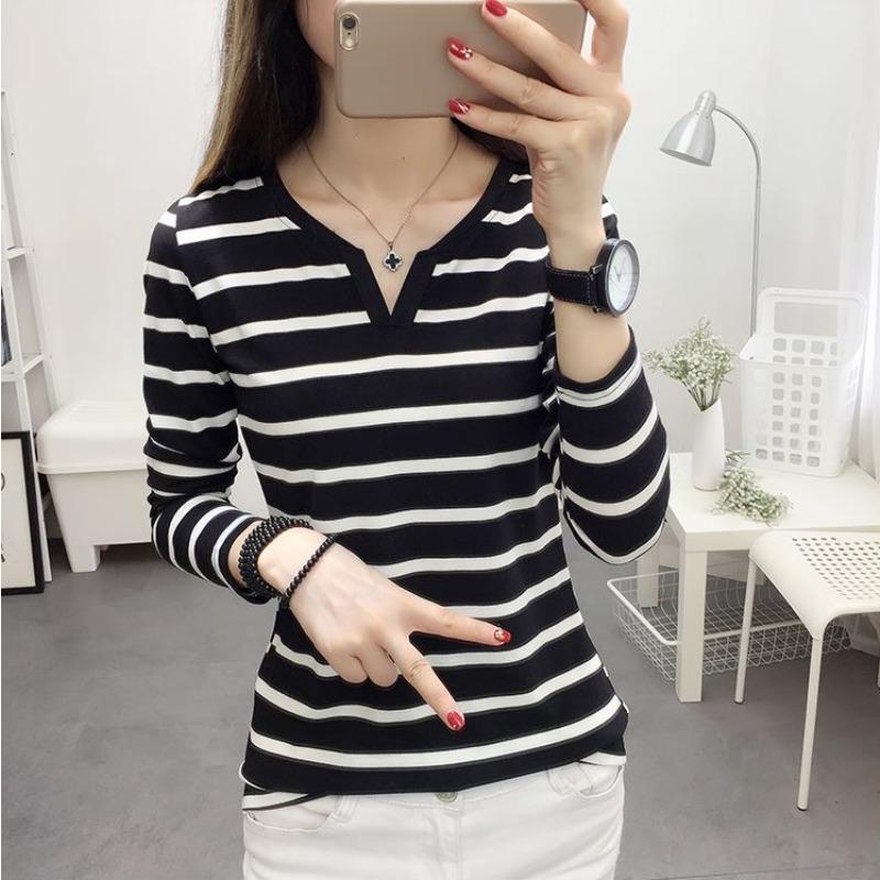 New Korean Slim-fitting Striped V-neck Long-sleeved T-shirt for Female Students Top Base Shirt