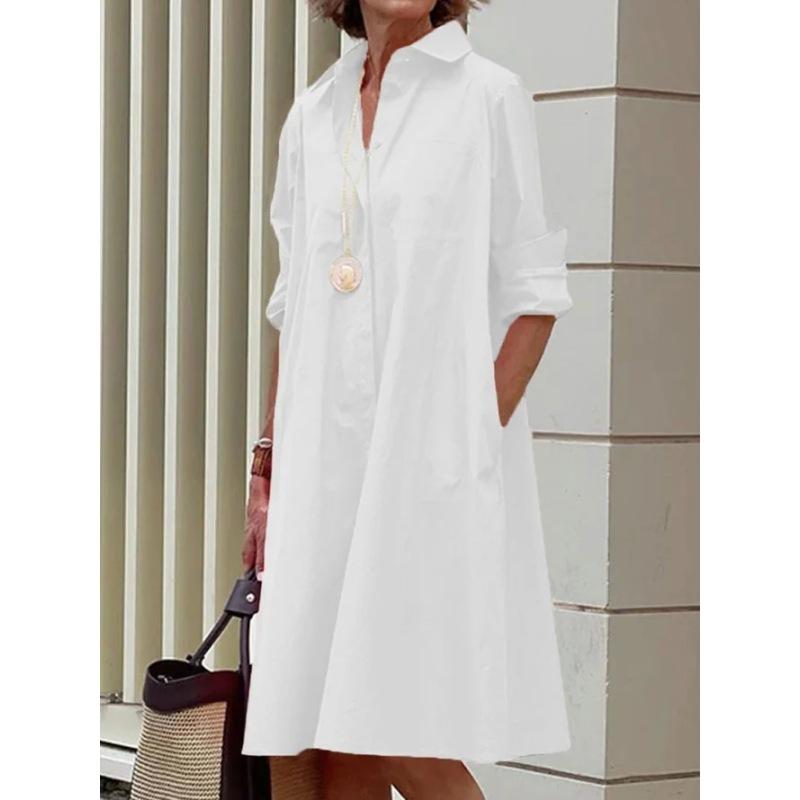 Women's Solid Color Long Sleeve Lapel Simple Loose Shirt Dress