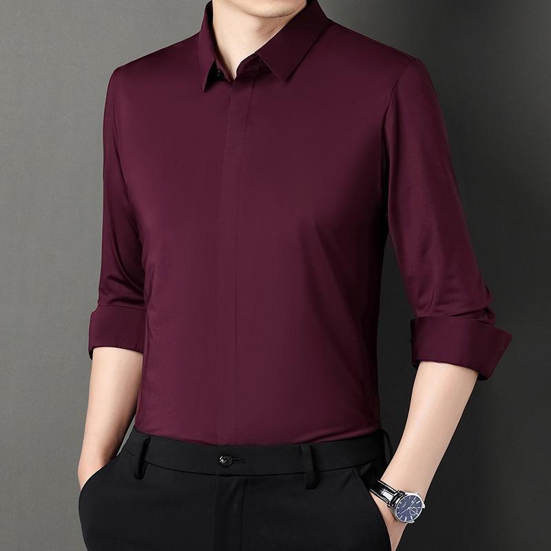 Men's Long-Sleeved Shirt Spring and Autumn Dark Placket Business Casual Solid Color Elastic Seamless Shirt