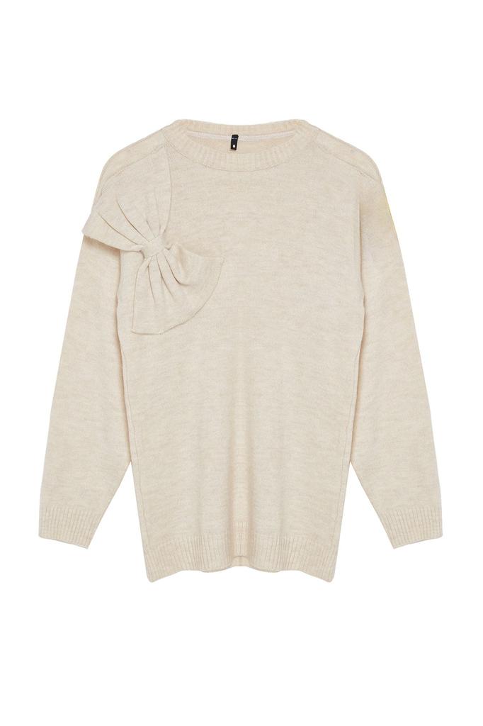 Women's Fashionable Stylish Hijab Sweater Ecru Bow Detailed Soft Textured Knitwear Sweater