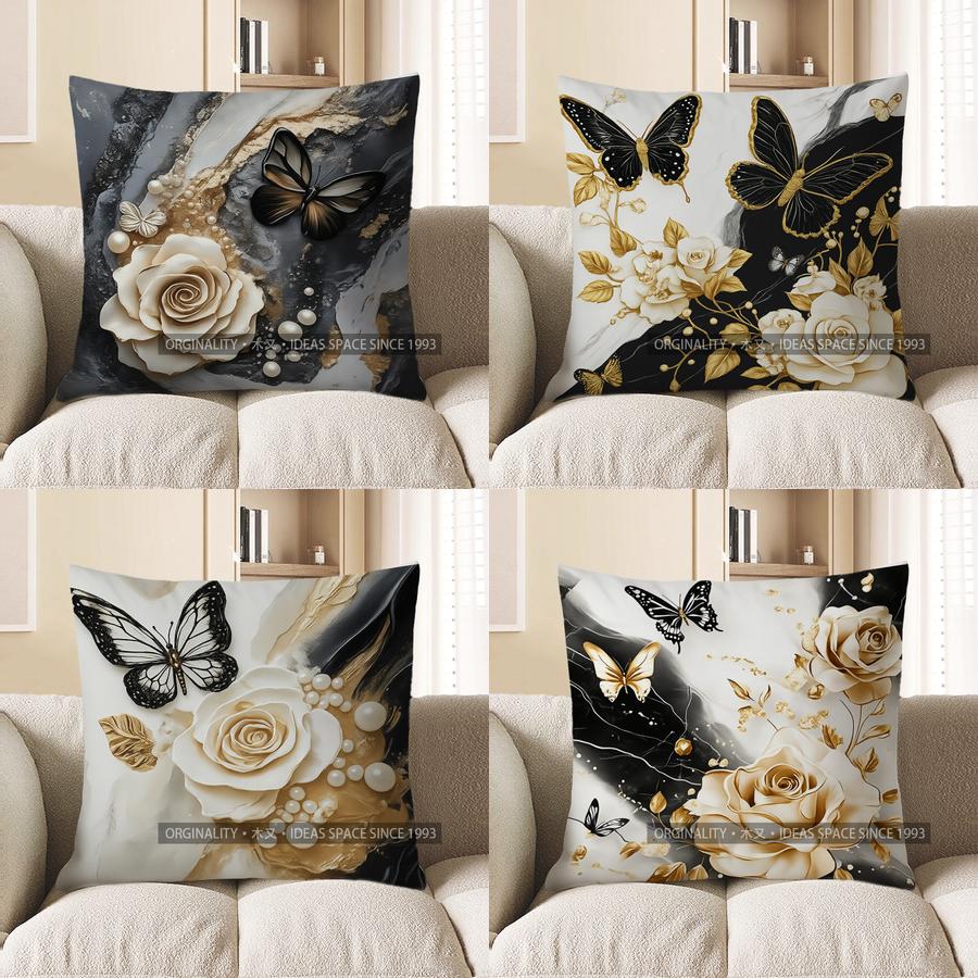 Home Decor Marble Pattern With Rose & Butterfly Pillow Pattern Cushion Cover Suitable For Sofa Bedroom Car Pillow Cover