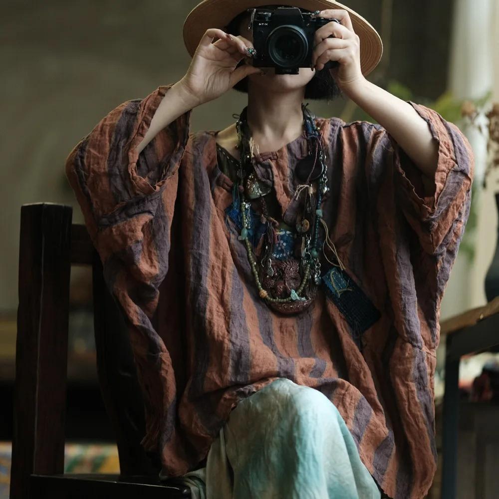 Johnature Vintage Women Striped T-Shirts Patchwork O-Neck Long Sleeve Autumn New Button Chinese Style Female T-Shirts