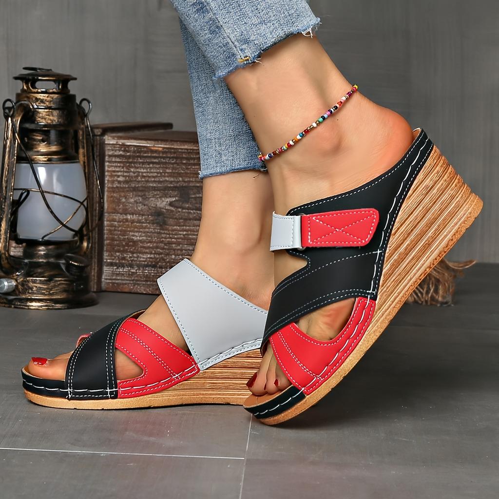 Ladies' Comfortable Color Blocked Sandals, Casual Buckle Open Toe Flat High Heels, Solid Color, Suitable for Summer Outdoor Shoes