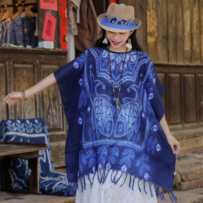 Four Season Imitation Tie Dye Printed Ethnic Style Scarf, Women'S Retro Famous Ethnic Style Blue And White Porcelain Sunscreen Cloak, Large Shawl
