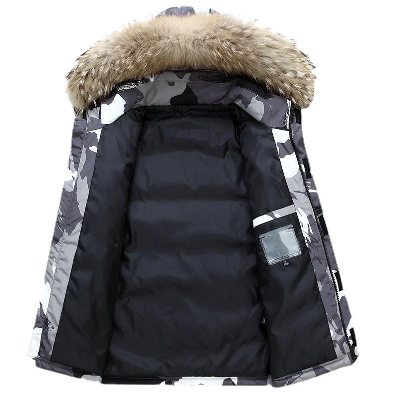 Hooded Short Down Jacket Men's Winter Trendy Workwear Top Profile Thickened White Duck Down Coats with Thick Fur Collar