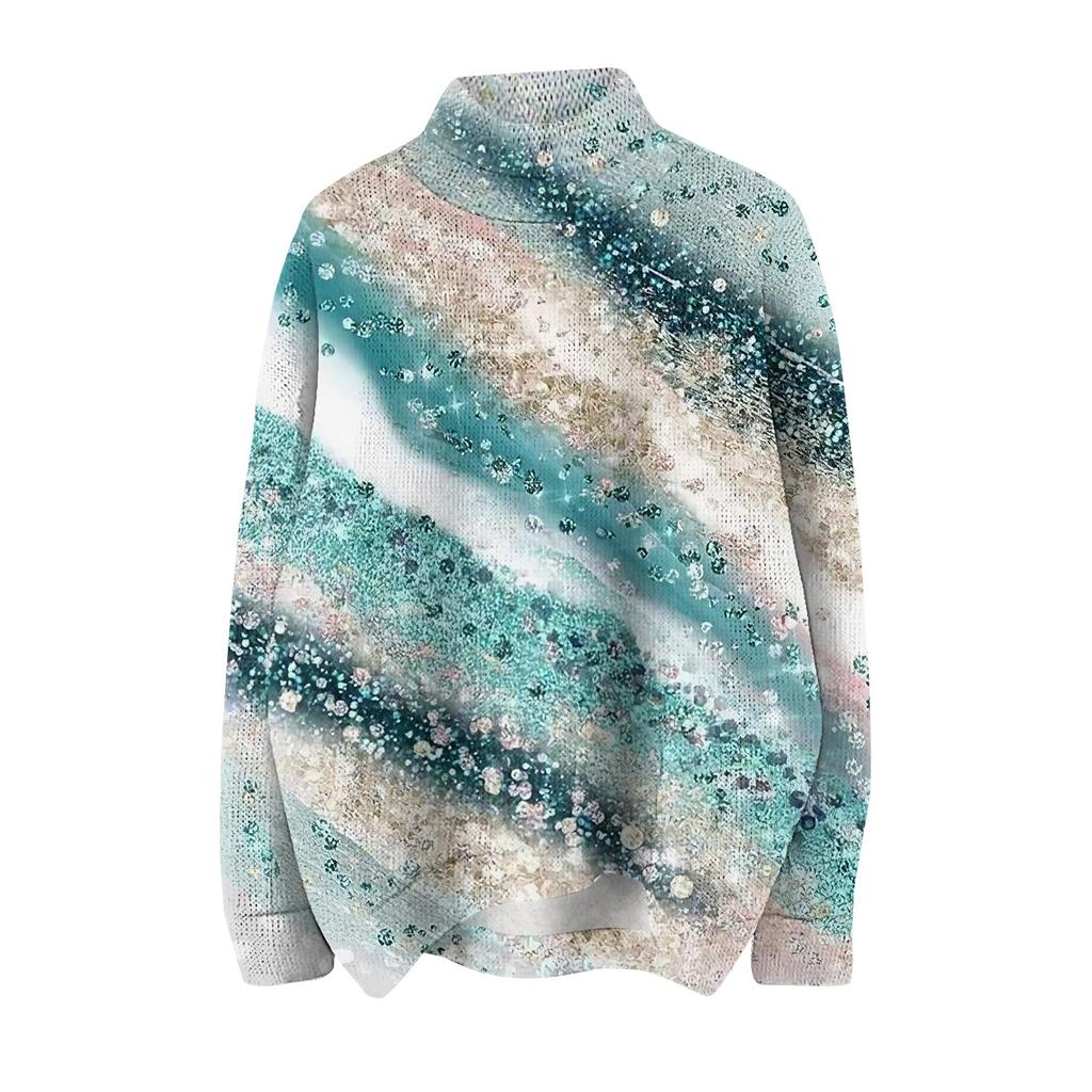 Женская мода повседневная с длинным рукавом и принтом, с высоким воротом, шерстяной трикотаж