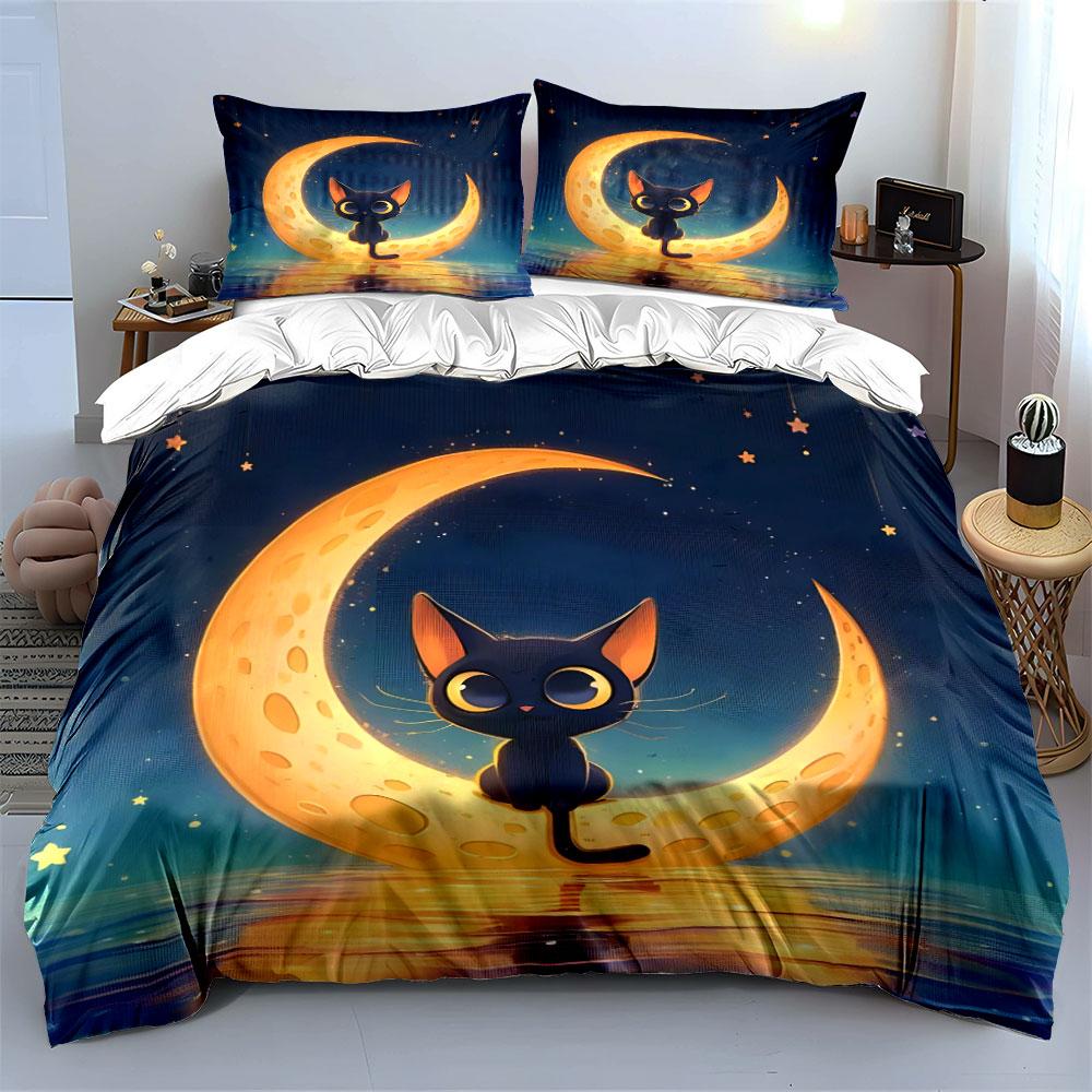 Cute Cat Moonlight Decor Multiple Sizes Kid'S And Adults' Bedroom Exquisite 3Pc Bedding Set, Gift
