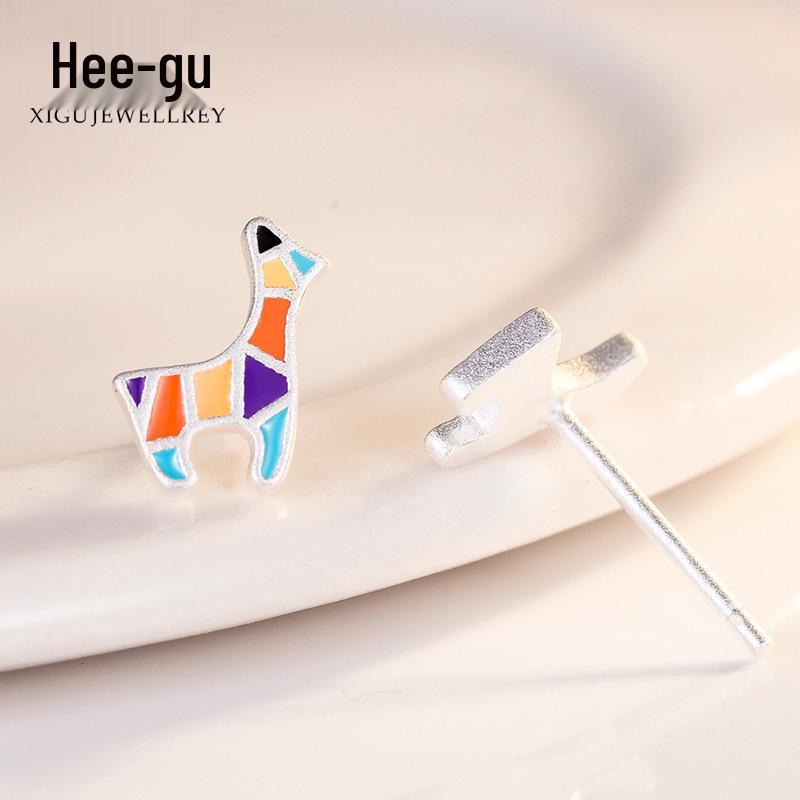 Higu Серьги-гвоздики из серебра 925 пробы, матовые, разноцветные, с изображением жирафа - Милый рождественский подарок