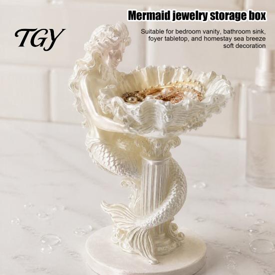 Coastal Decor for Bedroom Mermaid Jewelry Storage Box, Decorative Seashell Trinket Tray, 3D Printing Dressing Table Pearlescent White