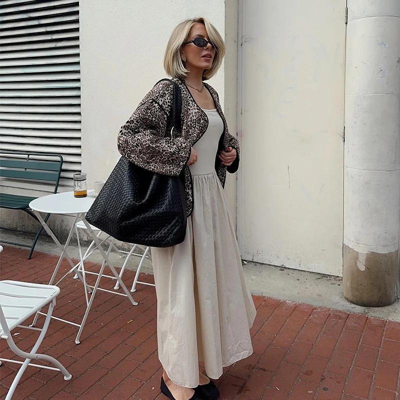 Fashion Leopard Printed Patchwork Coats for Women Casual Long Sleeve Loose Female Cotton Jacket 2024 Autumn Winter New Pocket Outerwear