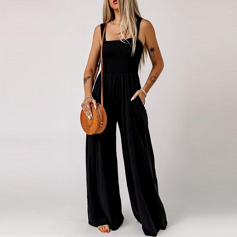 Women's Basic Simple High Waisted Knit Strapless Wide Leg Pants Pure Black One-piece Pants